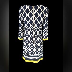 Eliza J Navy and White Geometric Midi Dress with Yellow Trim